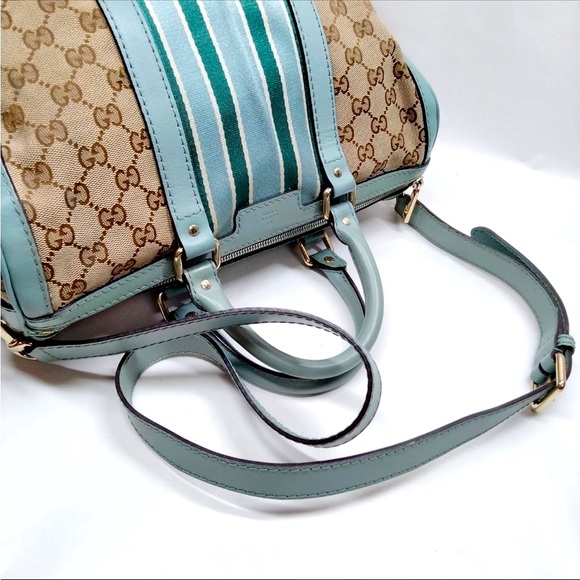 Gucci Vintage Blue & Green Web Boston Bag GG Canvas Medium Duffle Doctor W/Strap - Picture 4 of 9